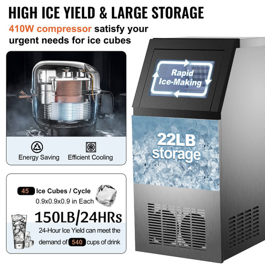 Comercial Grade Ice Maker, Produces 150 Pounds of Ice Every 24 Hours